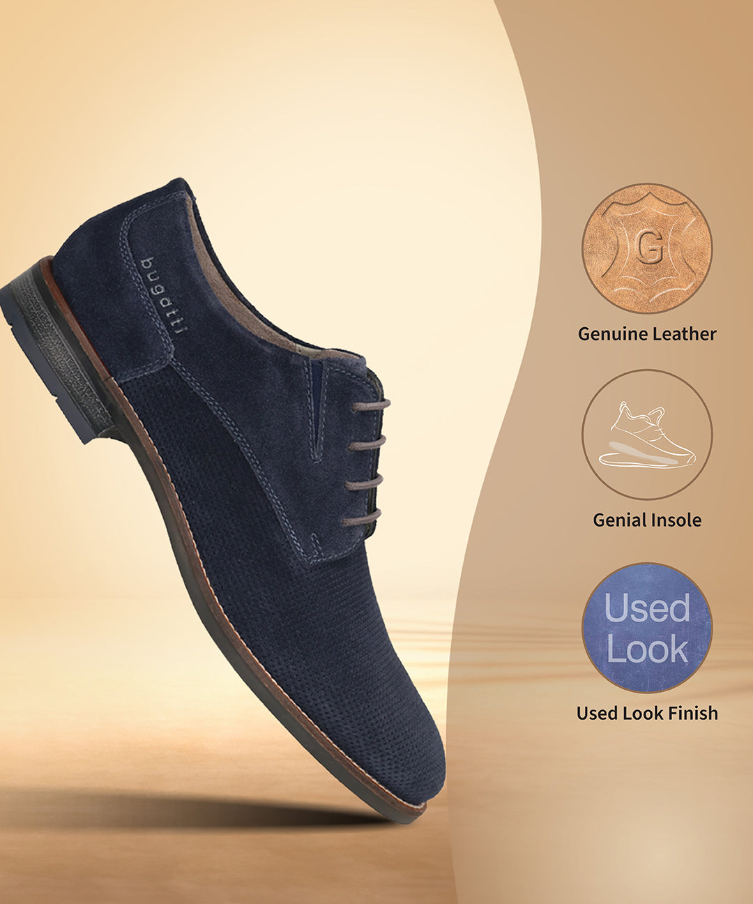 Dark blue premium leather derby shoes by bugatti with a textured finish.