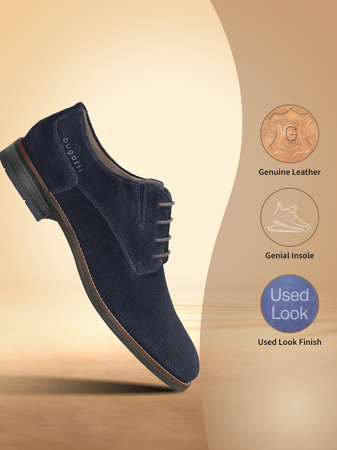 Dark blue premium leather derby shoes by bugatti with a textured finish.