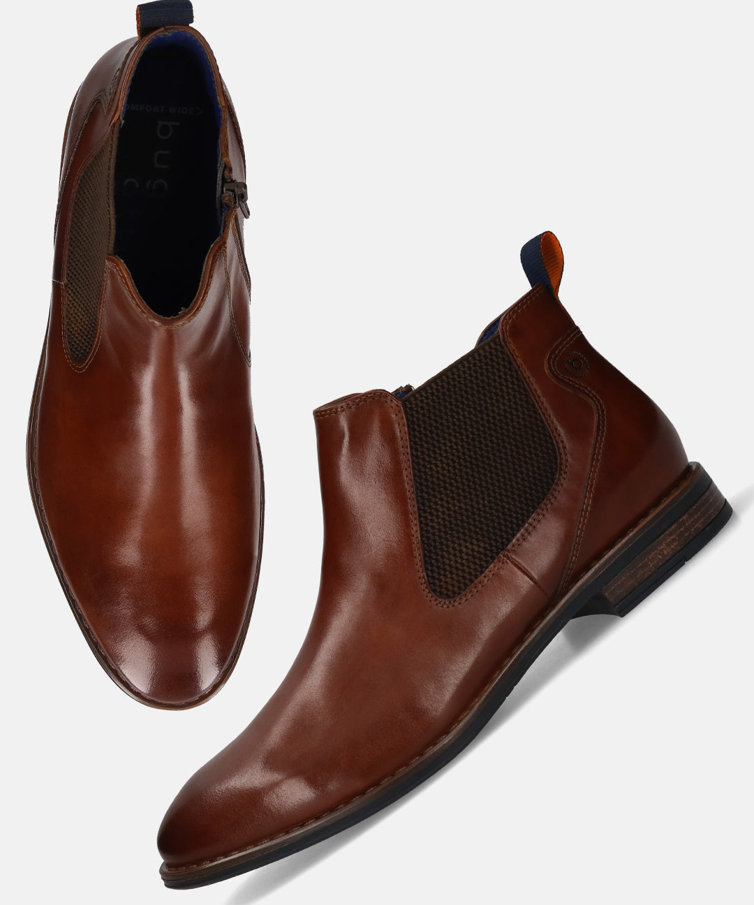 Bugatti Amros cognac Chelsea boots in premium leather, with a brown woven elastic side panel and a side zipper.
