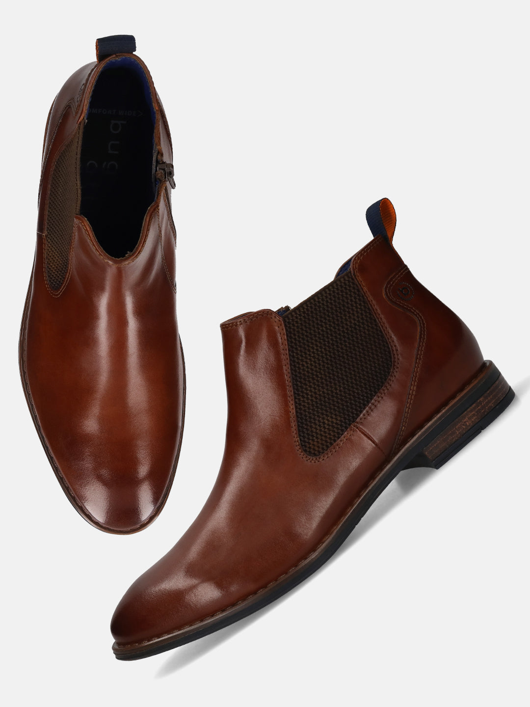 Bugatti Amros cognac Chelsea boots in premium leather, with a brown woven elastic side panel and a side zipper.
