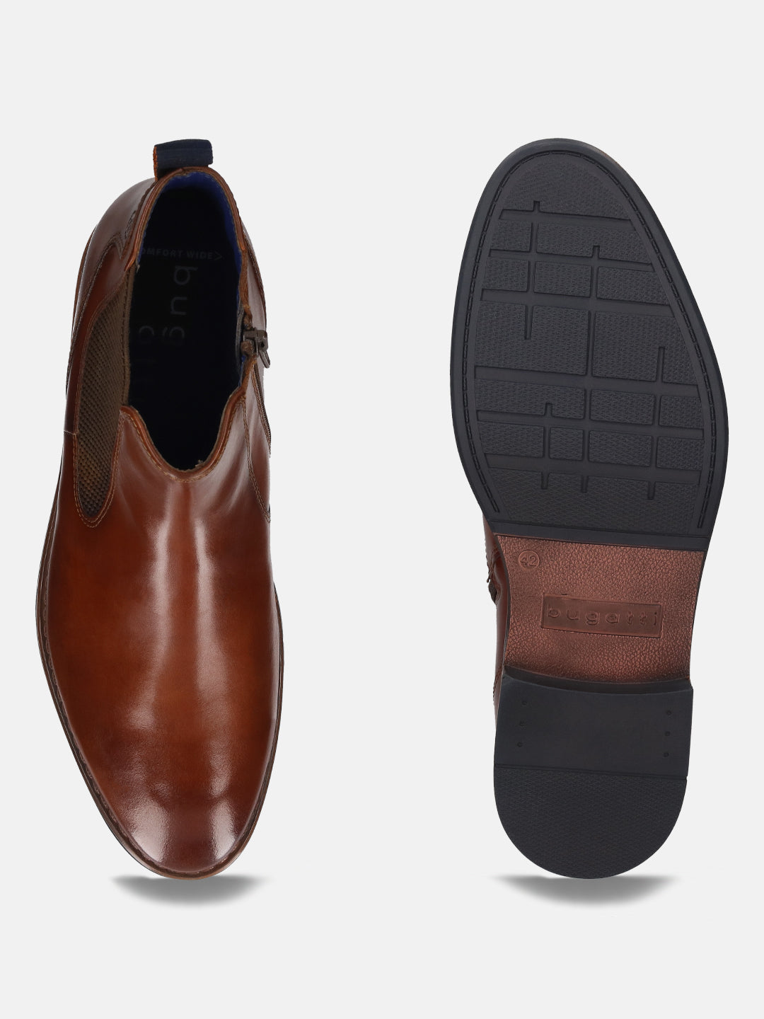 Cognac-colored bugatti leather Chelsea boot with side zipper and contrasting sole, shown in a top-down studio shot.
