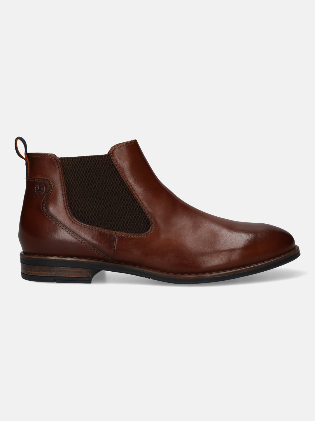 Bugatti Amros cognac Chelsea boot in premium leather with stretch panels, side view.
