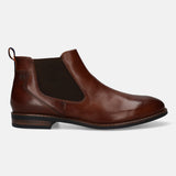 Bugatti Amros cognac Chelsea boot in premium leather with stretch panels, side view.
