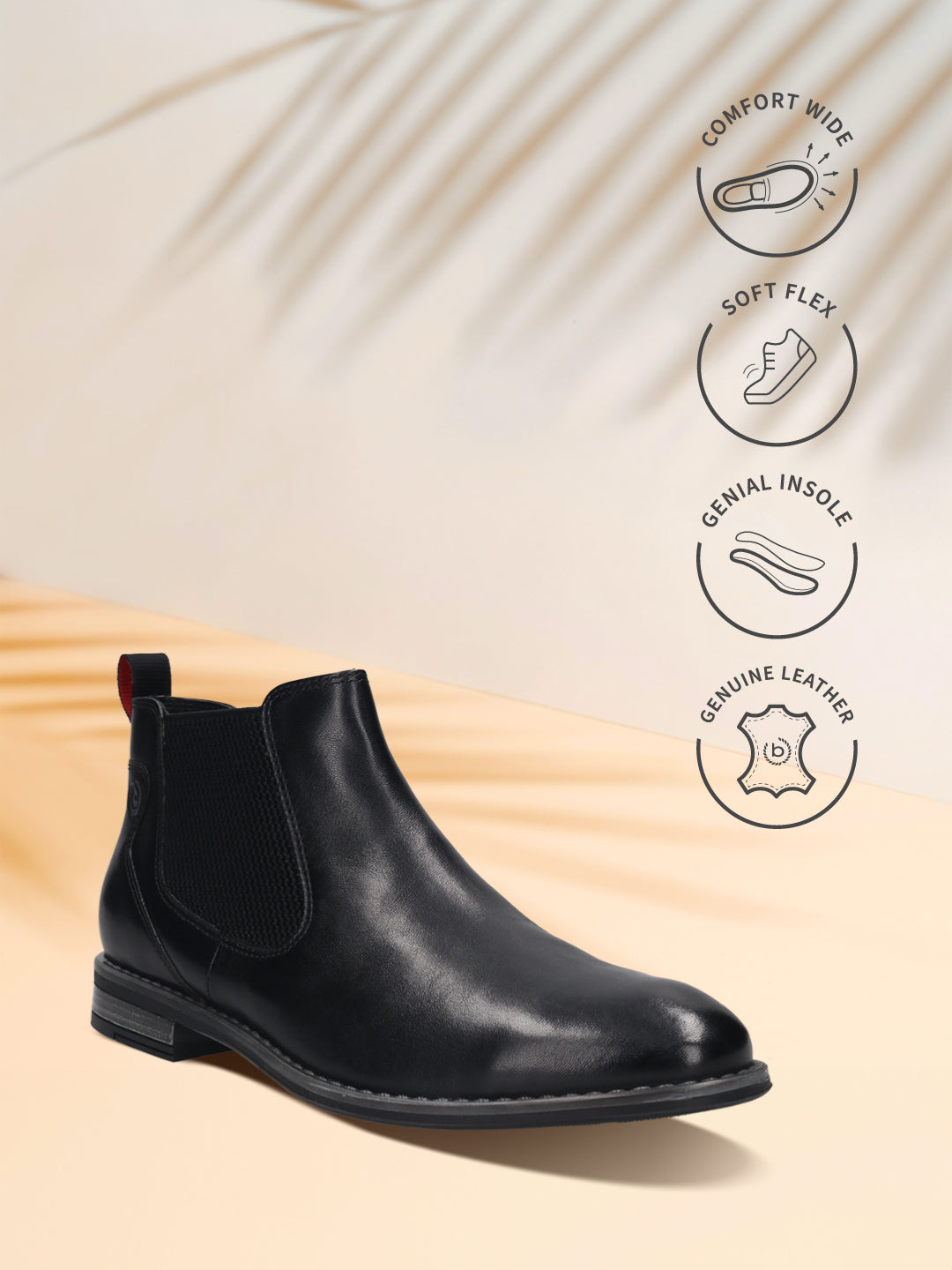 Bugatti Amros black premium leather Chelsea boot with a red heel pull tab, set against a neutral backdrop.