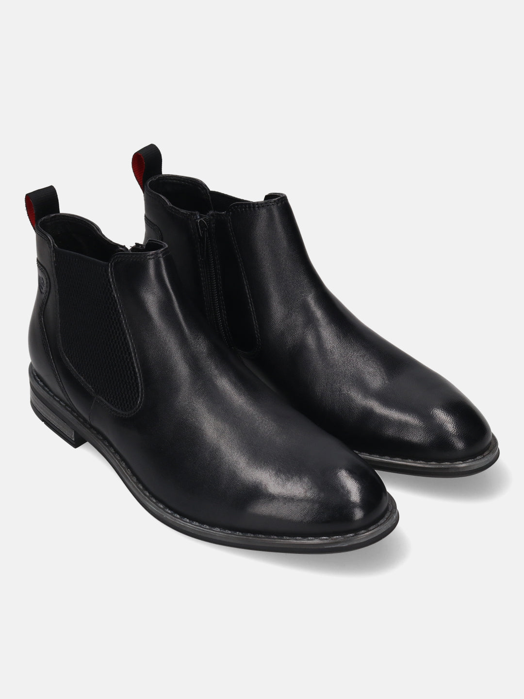 bugatti Amros black premium leather Chelsea boots with red pull tab and side zipper.
