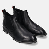 bugatti Amros black premium leather Chelsea boots with red pull tab and side zipper.
