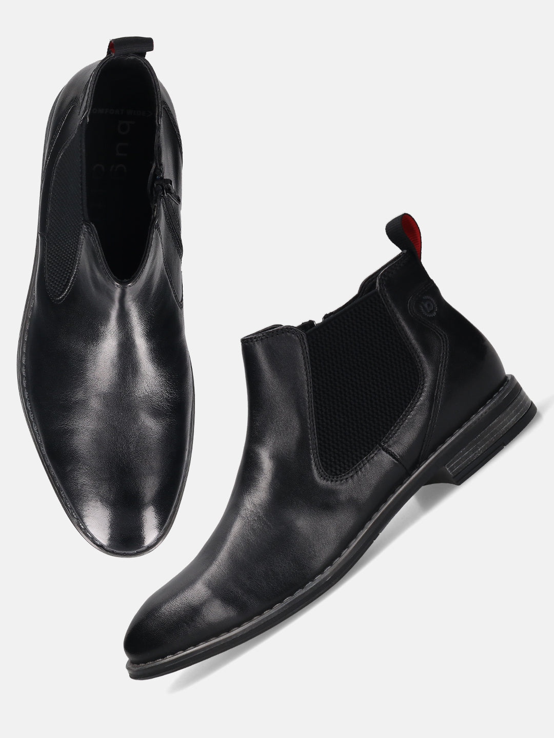 bugatti Amros Black Premium Leather Comfort Chelsea Boots with a red pull tab at the back.