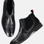 bugatti Amros Black Premium Leather Comfort Chelsea Boots with a red pull tab at the back.