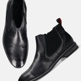 bugatti Amros Black Premium Leather Comfort Chelsea Boots with a red pull tab at the back.