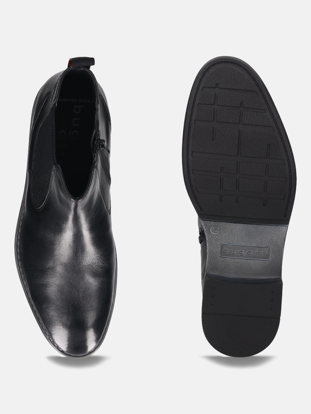 bugatti Amros black premium leather Chelsea boot; side zip, red pull tab, and treaded sole.
