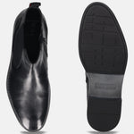 bugatti Amros black premium leather Chelsea boot; side zip, red pull tab, and treaded sole.
