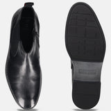 bugatti Amros black premium leather Chelsea boot; side zip, red pull tab, and treaded sole.
