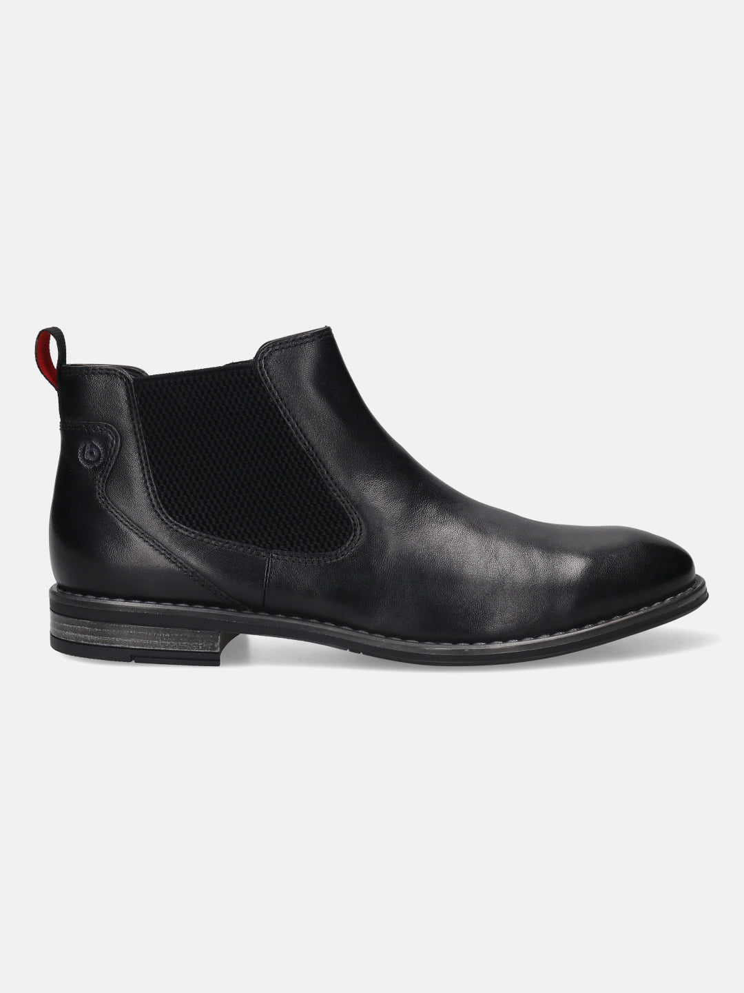 Side view of a black, leather bugatti Chelsea boot featuring elastic side panels and a small, red pull tab.
