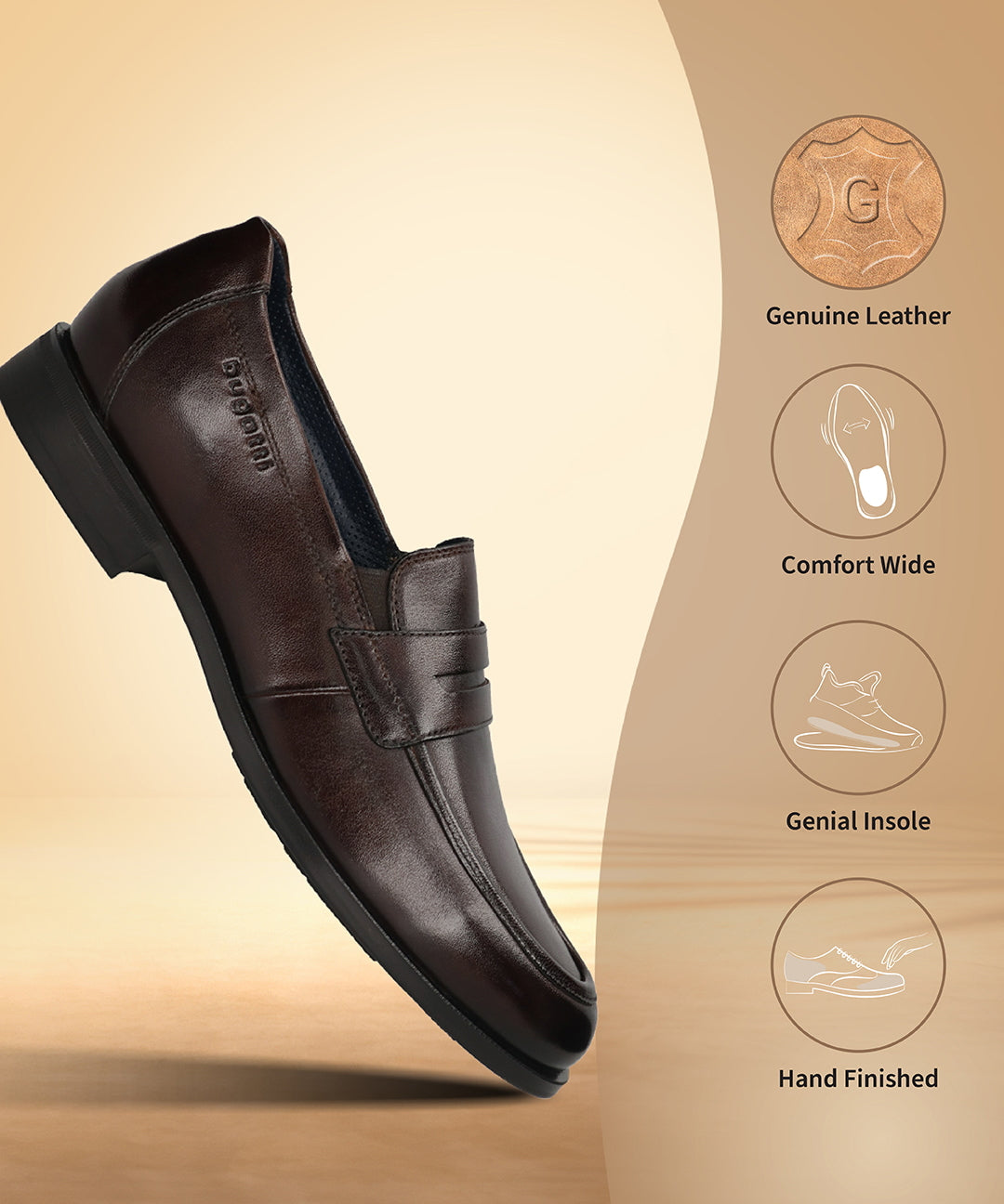 Men's Bugatti penny loafer brown leather shoes with a pointed toe and apron toe featuring a moulded heel , a tpr outsole.