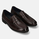 Men's Bugatti penny loafer brown leather shoes with a pointed toe and apron toe featuring a moulded heel , a tpr outsole.