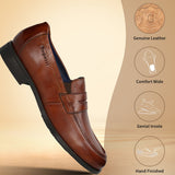 Men's Bugatti penny loafer cognac leather shoes with a pointed toe and apron toe featuring a moulded heel , a tpr outsole.