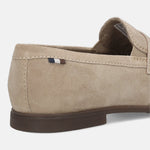 Men's Bugatti penny loafer beige leather shoes with a pointed toe and apron toe featuring a stacked heel , a tpr outsole.