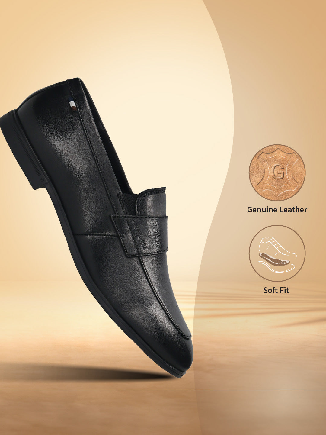 Black leather penny loafers by bugatti with a semi-glossy finish, levitating on a gradient background.