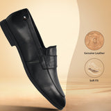 Black leather penny loafers by bugatti with a semi-glossy finish, levitating on a gradient background.