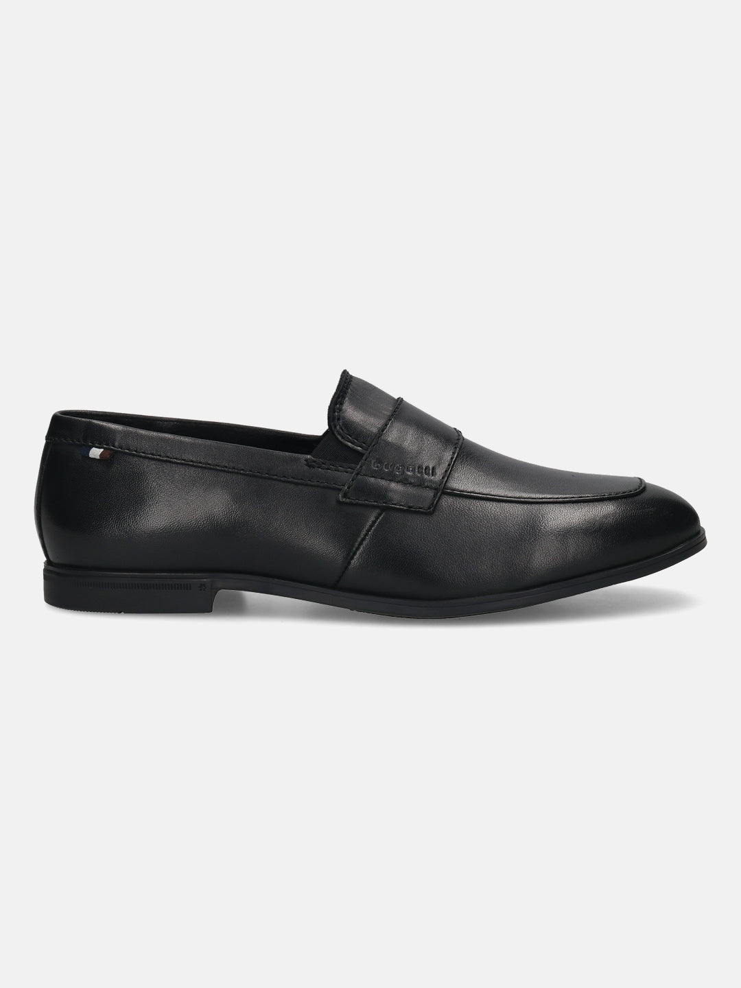 Black leather loafer by bugatti featuring a penny strap detail and a subtle stacked heel.