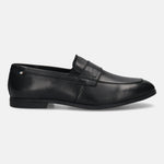Black leather loafer by bugatti featuring a penny strap detail and a subtle stacked heel.