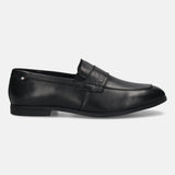 Black leather loafer by bugatti featuring a penny strap detail and a subtle stacked heel.