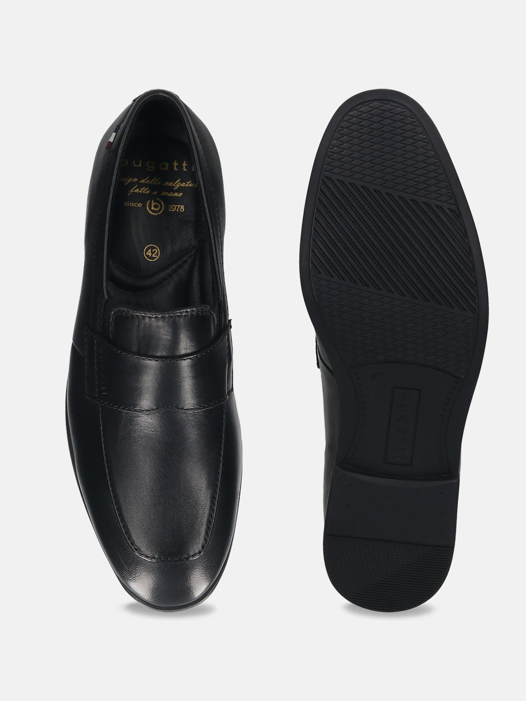 Black leather comfort penny loafers by Bugatti with textured rubber soles and a smooth finish.