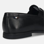Black leather loafer by bugatti with a penny strap, featuring a striped accent and textured sole, back view.