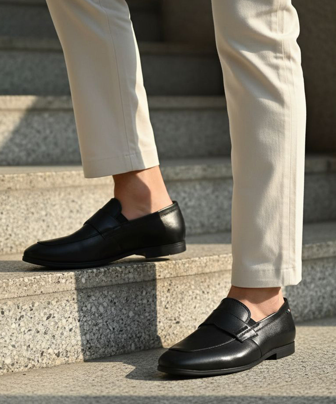 Black leather penny loafers by bugatti with a low heel, worn with light colored pants while standing on gray stairs.