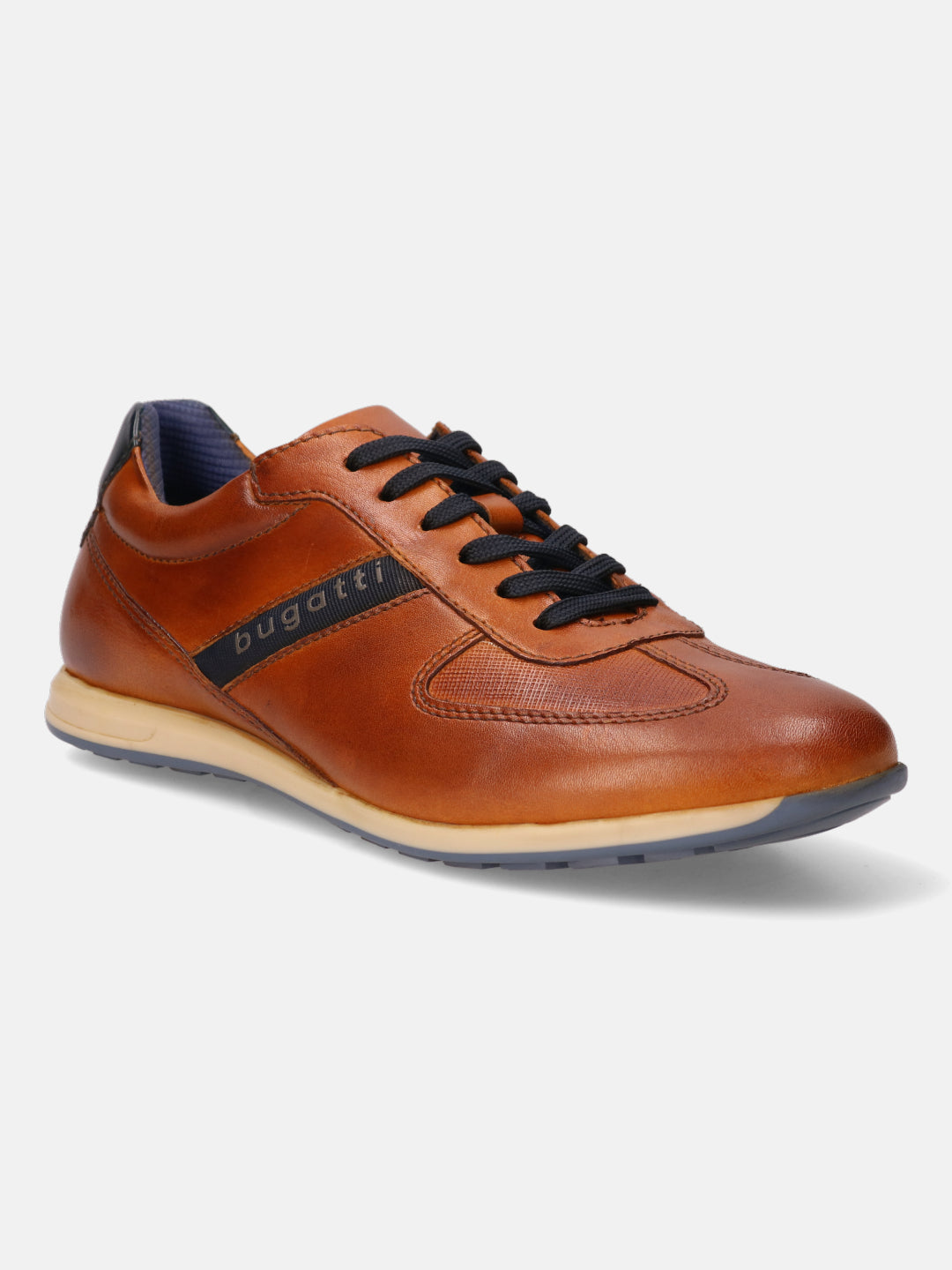 A cognac Men's bugatti Sneakers featuring a round plain toe, zero heels heel. Made from premium genuine leather with a durable tr outsole, this laces design offers both style and comfort.