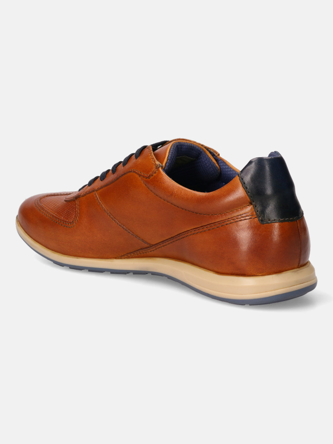 A cognac Men's bugatti Sneakers featuring a round plain toe, zero heels heel. Made from premium genuine leather with a durable tr outsole, this laces design offers both style and comfort.