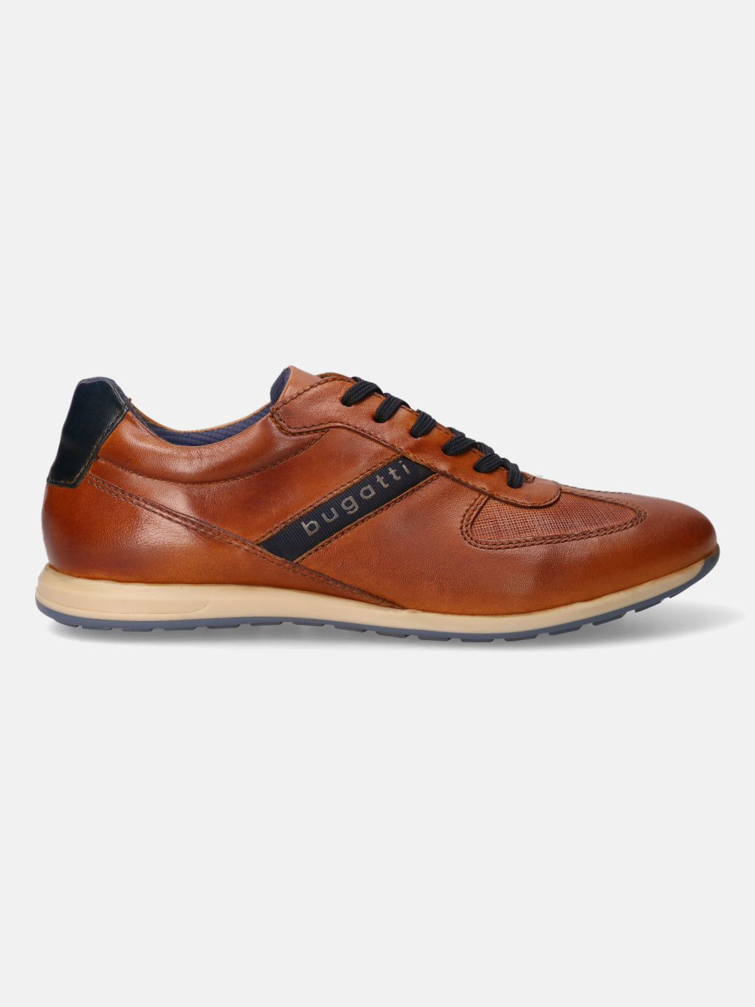 A cognac Men's bugatti Sneakers featuring a round plain toe, zero heels heel. Made from premium genuine leather with a durable tr outsole, this laces design offers both style and comfort.