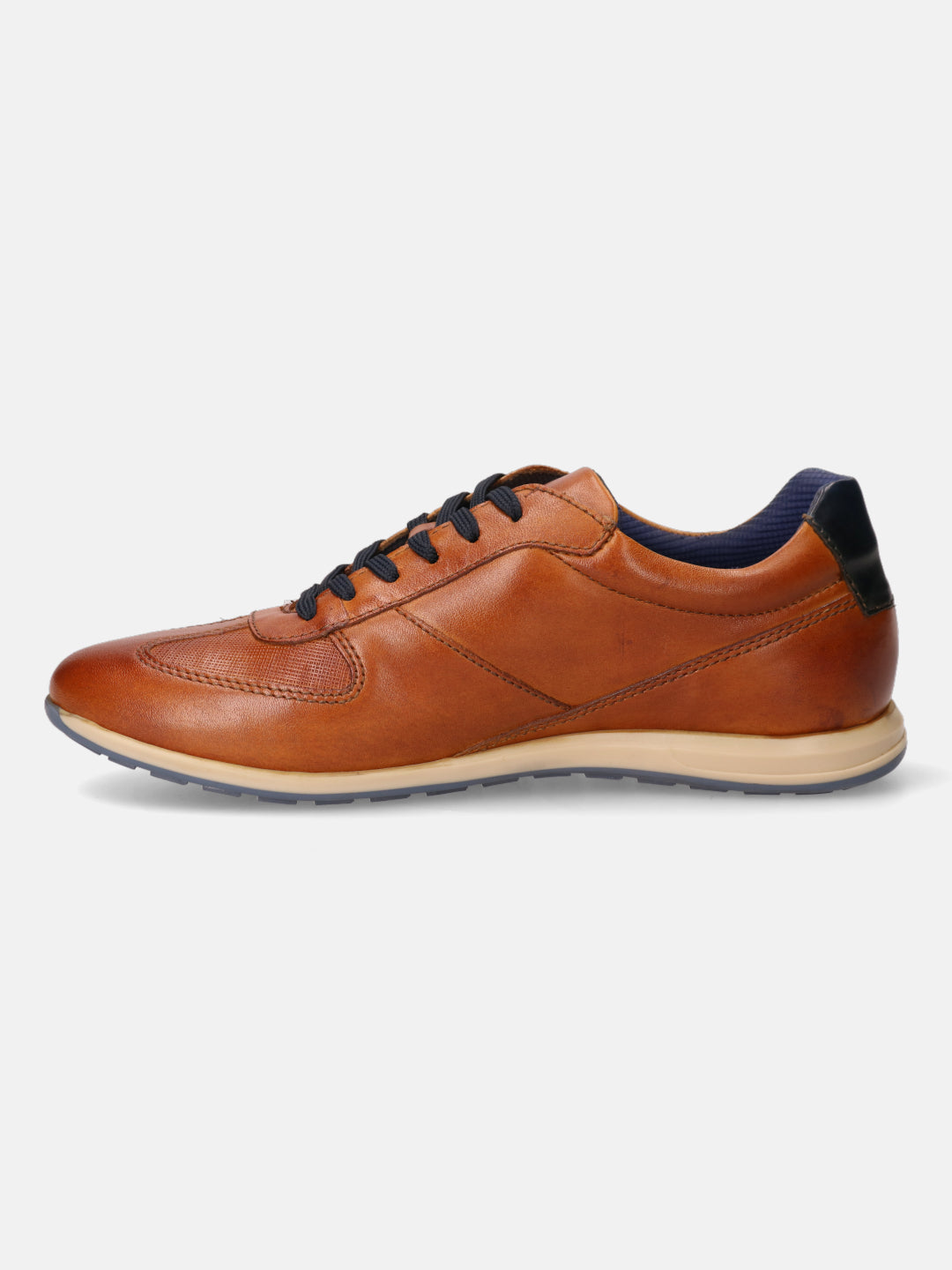 A cognac Men's bugatti Sneakers featuring a round plain toe, zero heels heel. Made from premium genuine leather with a durable tr outsole, this laces design offers both style and comfort.