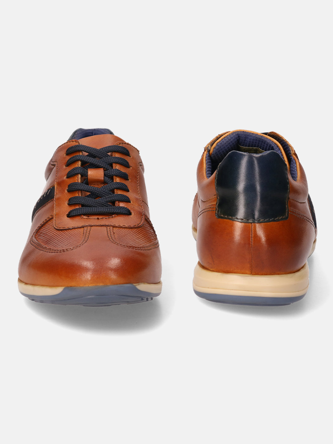 A cognac Men's bugatti Sneakers featuring a round plain toe, zero heels heel. Made from premium genuine leather with a durable tr outsole, this laces design offers both style and comfort.