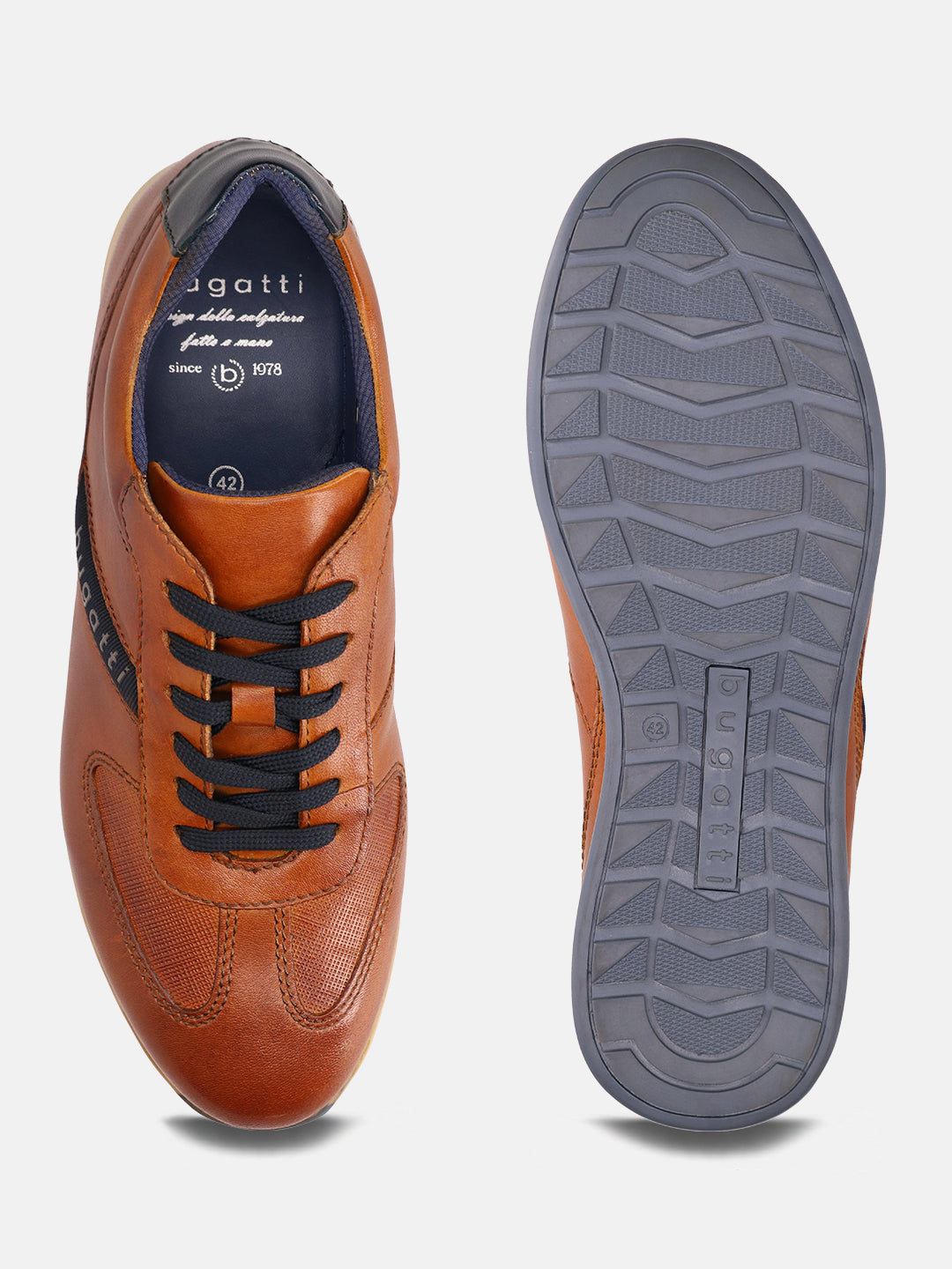 A cognac Men's bugatti Sneakers featuring a round plain toe, zero heels heel. Made from premium genuine leather with a durable tr outsole, this laces design offers both style and comfort.