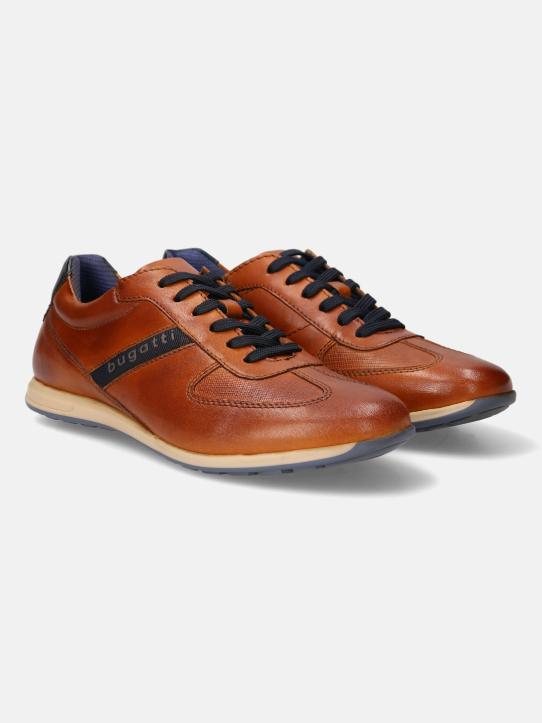 A cognac Men's bugatti Sneakers featuring a round plain toe, zero heels heel. Made from premium genuine leather with a durable tr outsole, this laces design offers both style and comfort.