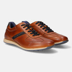 A cognac Men's bugatti Sneakers featuring a round plain toe, zero heels heel. Made from premium genuine leather with a durable tr outsole, this laces design offers both style and comfort.