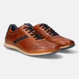A cognac Men's bugatti Sneakers featuring a round plain toe, zero heels heel. Made from premium genuine leather with a durable tr outsole, this laces design offers both style and comfort.