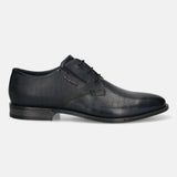 Men's Bugatti derby blue leather shoes with a round toe and plain toe featuring a moulded heel , a tpr outsole , and laces fastening.