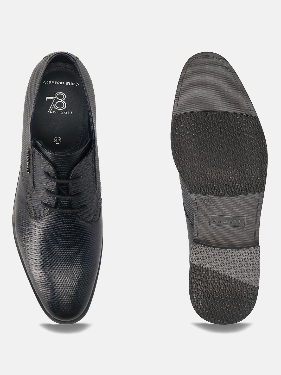 Men's Bugatti derby blue leather shoes with a round toe and plain toe featuring a moulded heel , a tpr outsole , and laces fastening.