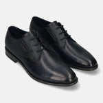 Men's Bugatti derby blue leather shoes with a round toe and plain toe featuring a moulded heel , a tpr outsole , and laces fastening.