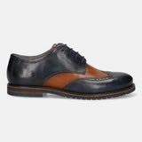 Men's Bugatti derby blue leather shoes with a round toe and wing tip featuring a stacked heel , a eva outsole , and laces fastening.