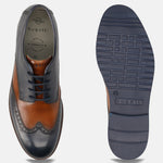 Men's Bugatti derby blue leather shoes with a round toe and wing tip featuring a stacked heel , a eva outsole , and laces fastening.