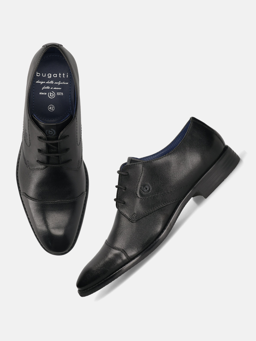 Black leather derby formal shoes by bugatti, presented on a plain white background.