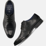 Black leather derby formal shoes by bugatti, presented on a plain white background.
