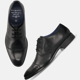 Black leather derby formal shoes by bugatti, presented on a plain white background.
