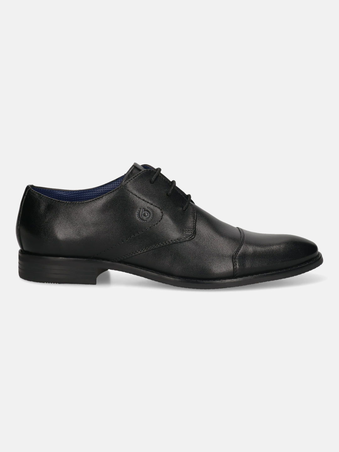 Black leather derby dress shoe by Bugatti, featuring tonal stitching and a low heel.