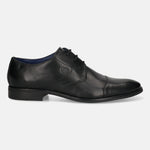 Black leather derby dress shoe by Bugatti, featuring tonal stitching and a low heel.