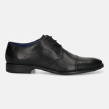 Black leather derby dress shoe by Bugatti, featuring tonal stitching and a low heel.
