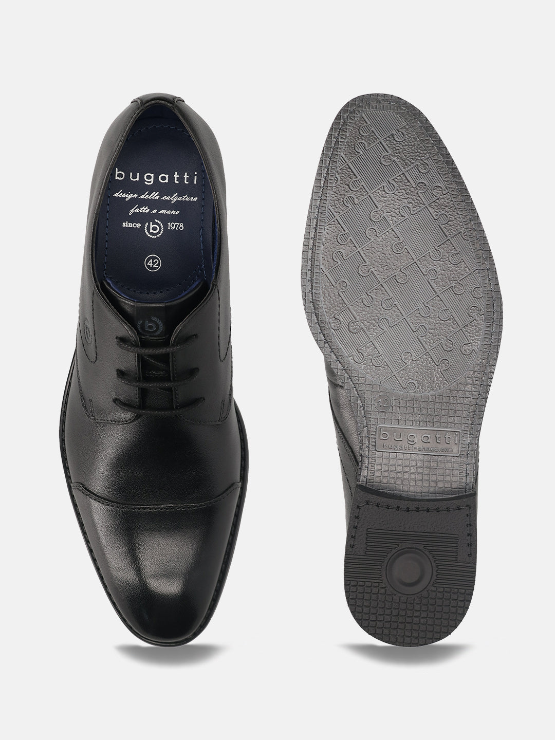 Black leather derby formal shoes by bugatti featuring puzzle pattern on the sole.